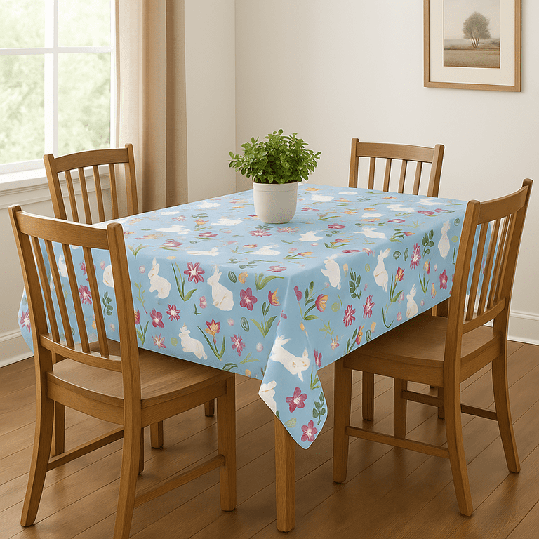Easter Bunny Flannel Backed Vinyl Tablecloth – 52x70 Inches, Pink Blue Floral Design, Wipeable, For Dining Table
