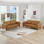 Homfa 3 Seat Sofa, 78.9'' Modern Large Upholstered PU Couch with Square Arm, Camel