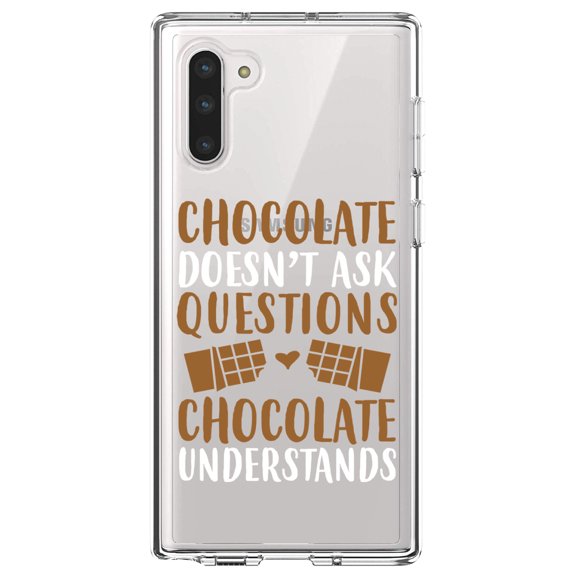 DistinctInk Clear Shockproof Hybrid Case for Samsung Galaxy Note 10 (6.3" Screen) - TPU Bumper Acrylic Back Tempered Glass Screen Protector - Chocolate Doesn't Ask Questions Understands