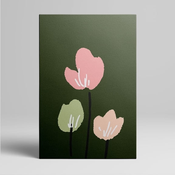 1pc Minimalist Floral Canvas Wall Art with Pink and Green Blooms on Dark Green Background, Framed Decor room hanging Wall Picture Decor for Home Gifts, living room, bathroom, bedroom, kitchen wall