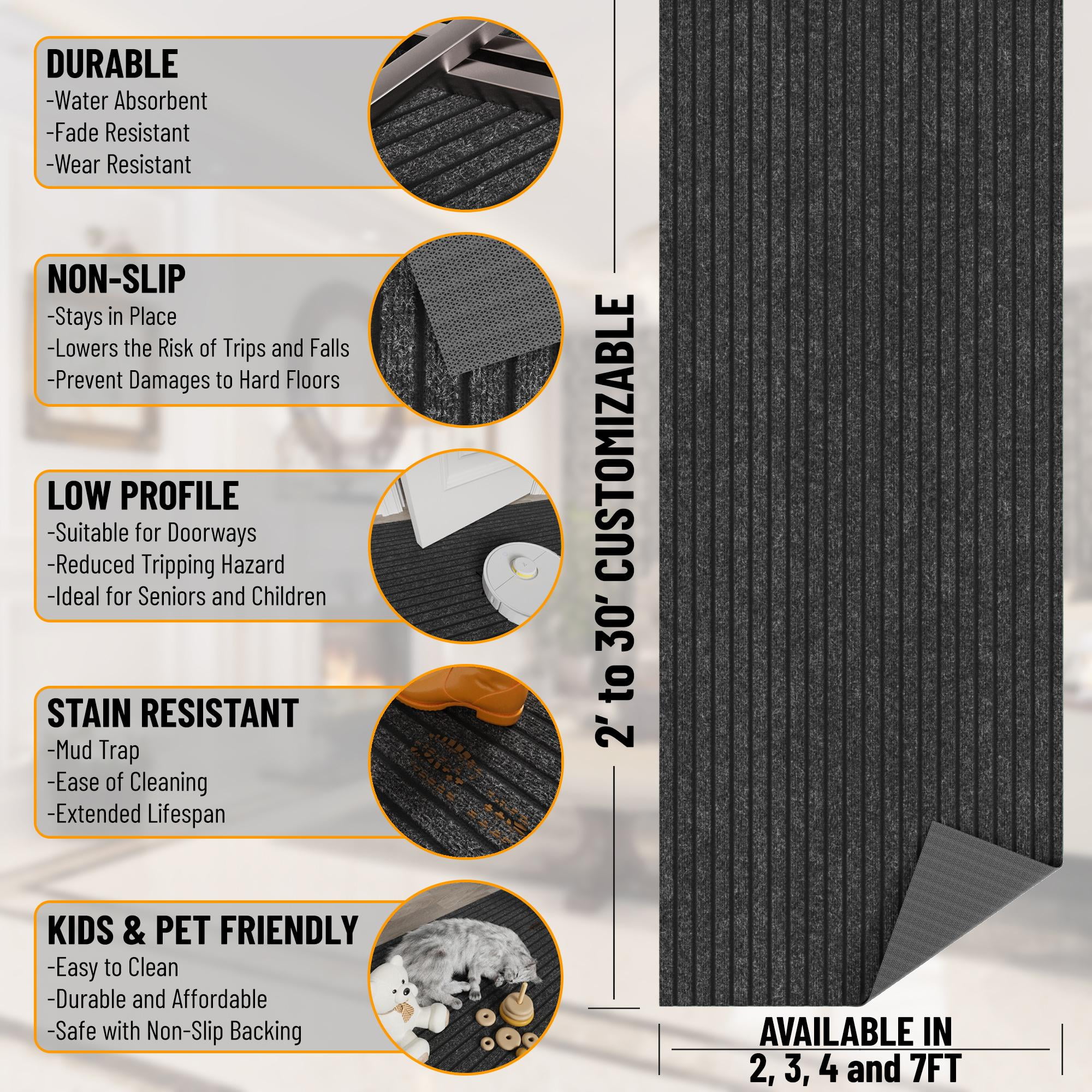 Ottomanson Non-Slip Hallway Runner Rug 2'7" x 30' Indoor/Outdoor Custom Size Utility Carpet for Garage, Black Ribbed