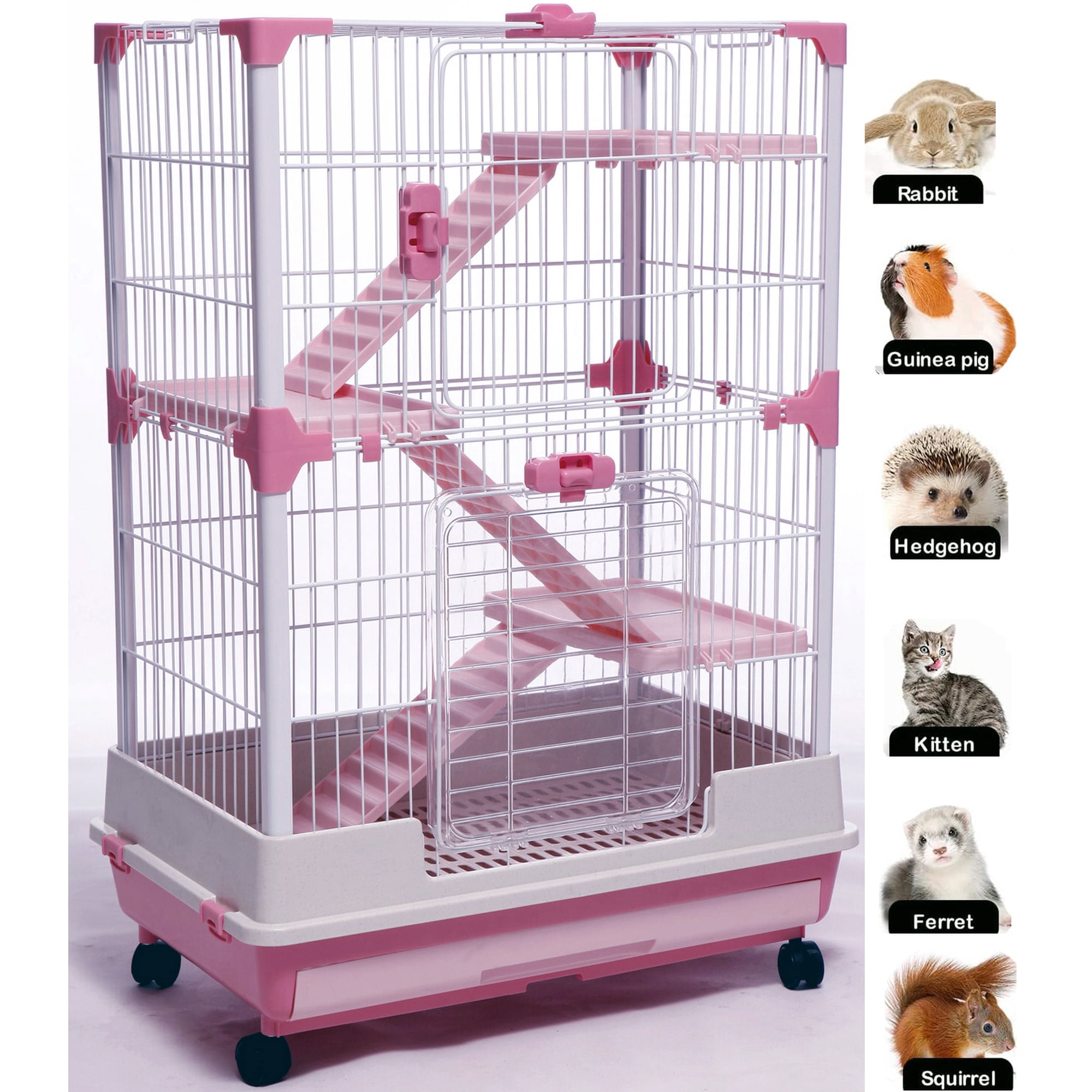 Pink 4-Tiers Deluxe and Durable Small Animal Critter Guinea Pig Rabbit Cage for Ferret Chinchilla Cat Playpen Hutch Solid Platform & Ramp Pull Out Leak Proof Tray Large Access Doors Lockable Caster