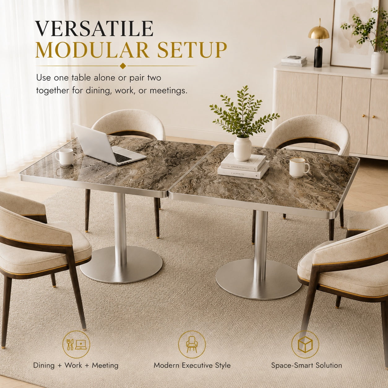 Aukfa 31.5" Square Dining Table for 2-4, Marble-Look Sintered Stone Top, Silver Pedestal Base, Small Spaces,Silver Gray Marble
