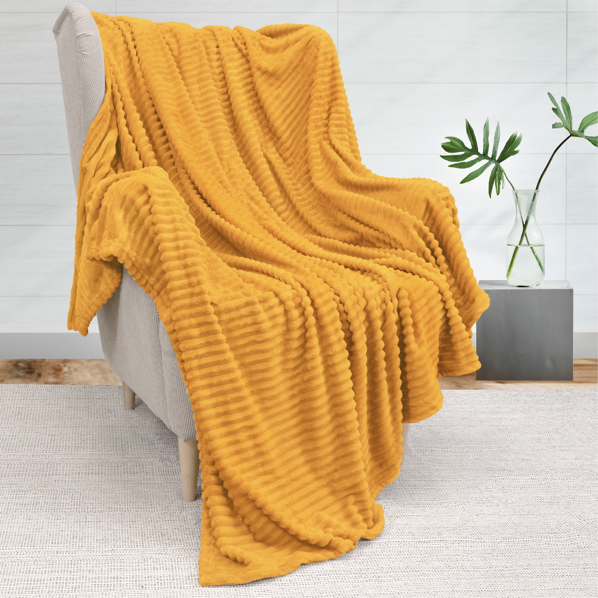 PAVILIA Super Soft Fleece Throw Blanket Yellow Mustard, Luxury Fuzzy