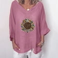 thumbnail image 2 of Usmixi Womens Summer Tops 3/4 Sleeve V-Neck Sunflower Print T Shirts Fashion Loose Cotton Linen Plus Size Pullover Blouses Pink S, 2 of 5