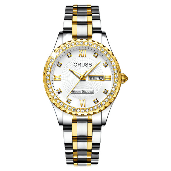 Reloj de Cuarzo con Diamantes para Mujer, Pantalla de Fecha y Día, Luminoso, Correa de Acero Inoxidable, Reloj de Pulsera de Lujo