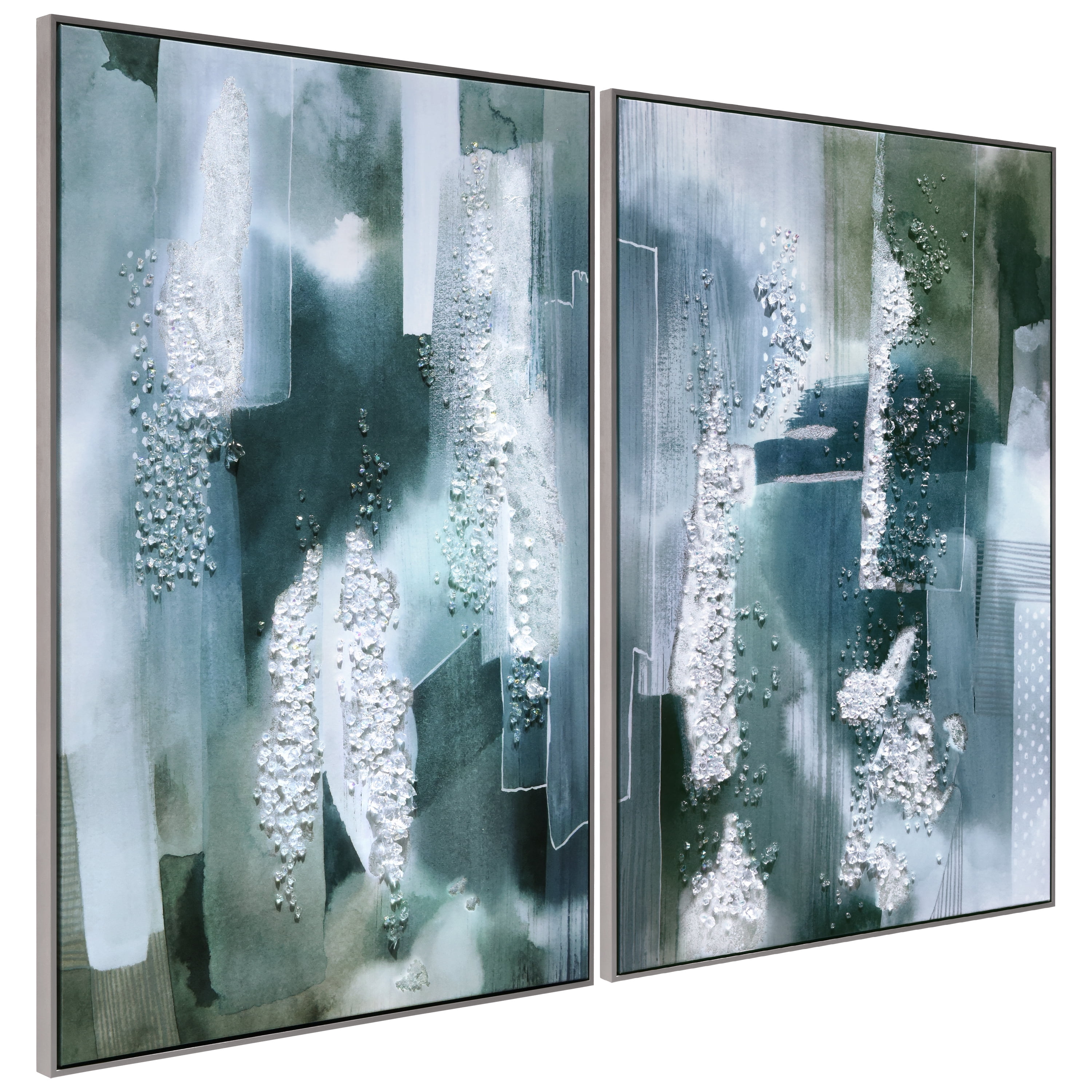 "Silver Mist I & II" Crystallus Epoxy Coated Wrapped Framed Glossy Canvas Wall Art with Heavy Acrylic Crystal Shards Embellishments, Silver Foil Accents