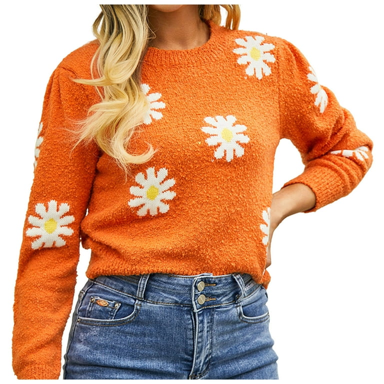 Womens Cute Daisy Print Sweaters Long Sleeve Crewneck