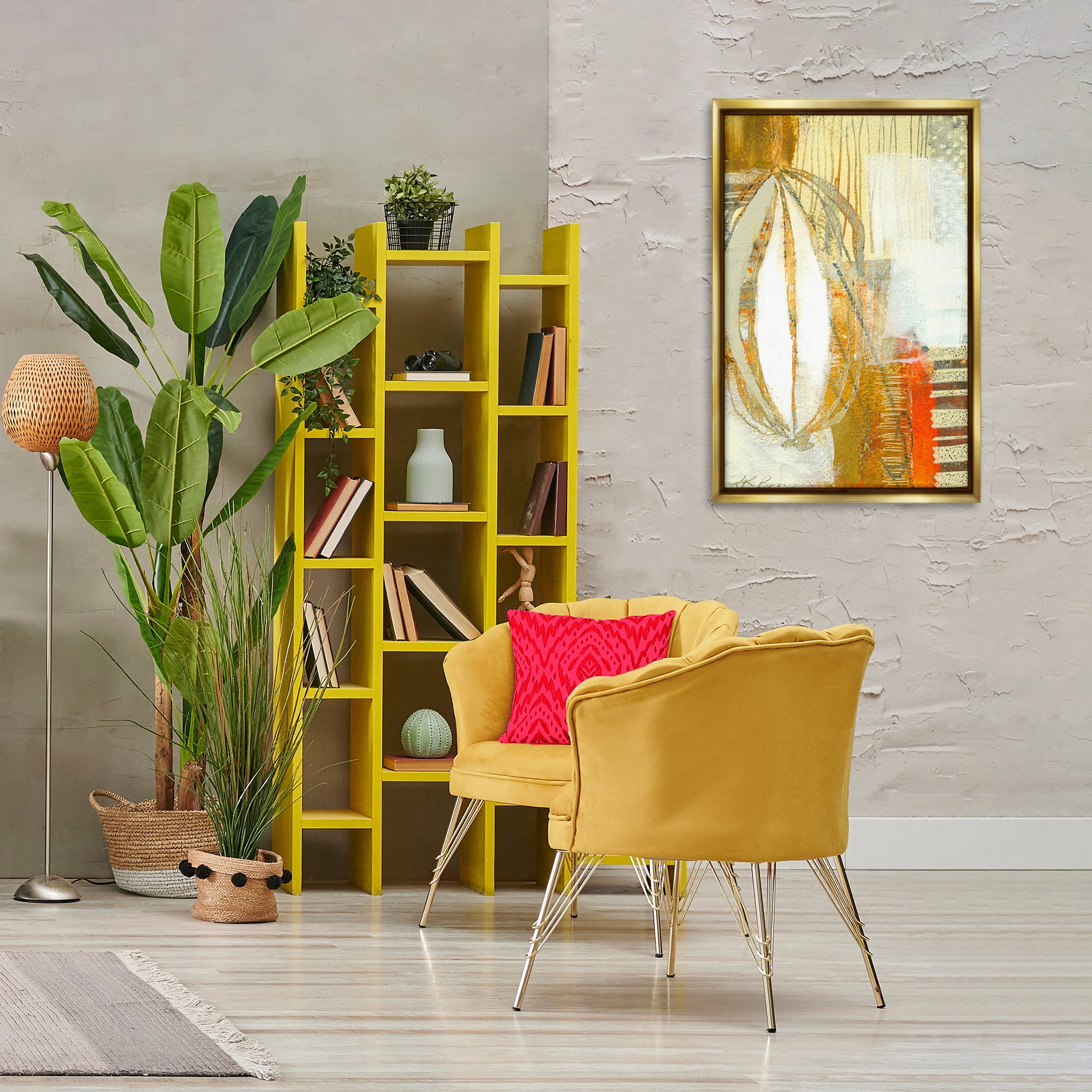 Stupell Industries Rustic Oblong Shape Collage Abstract Painting Gold Floater Framed Canvas Art Print Wall Art, 21 x 31
