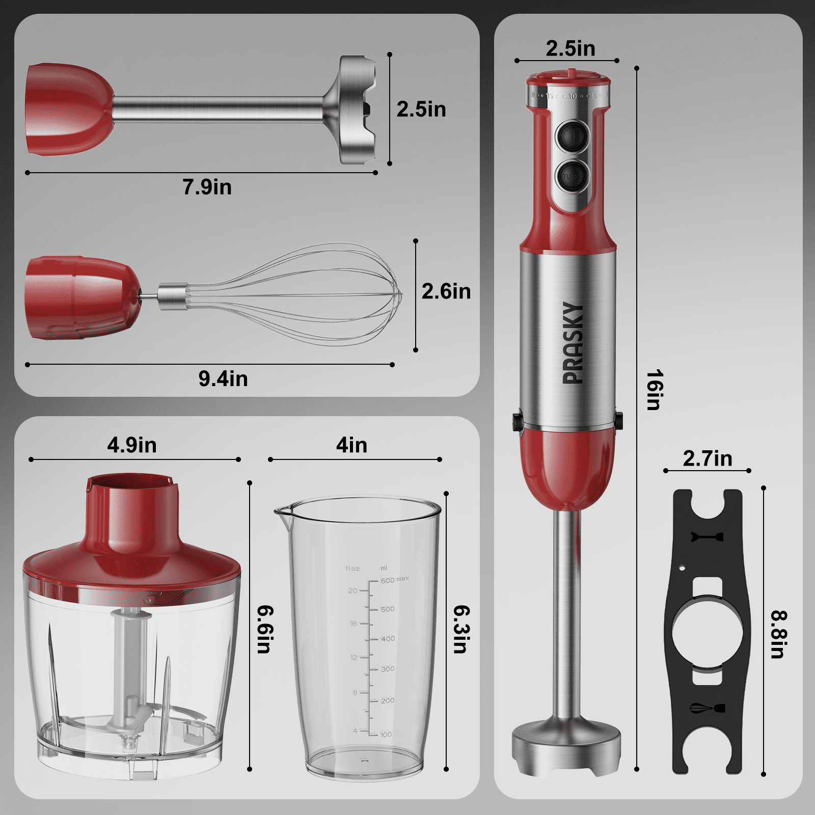 PRASKY Hand Immerision Blender, 20 Speeds Blender with Milk Frother (Red)