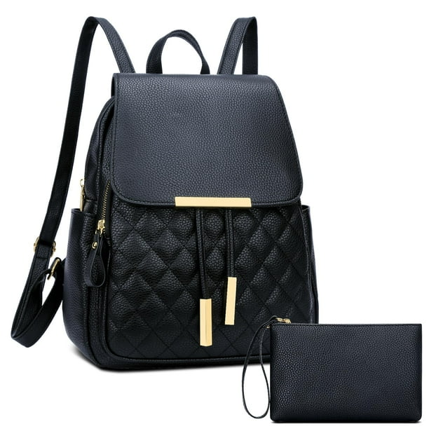 Mochila KKXIU de cuero acolchado a la moda para mujer, color negro