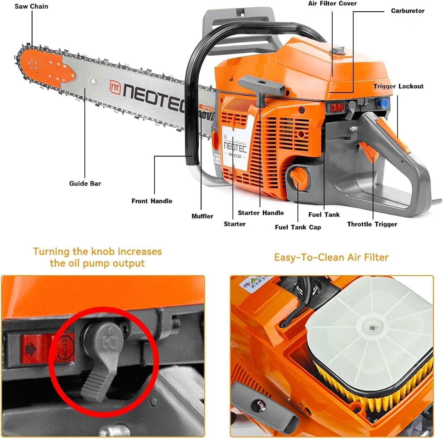 120cc Gas Powered Chainsaw 42 Inch Bar 8.4HP 6.2KW 2-Cycle Large Engine Gasoline Saw for Tree Cutting Firewood Logging Farming Ranching Land Clearing Timber Harvesting Heavy Duty Professional Motosi