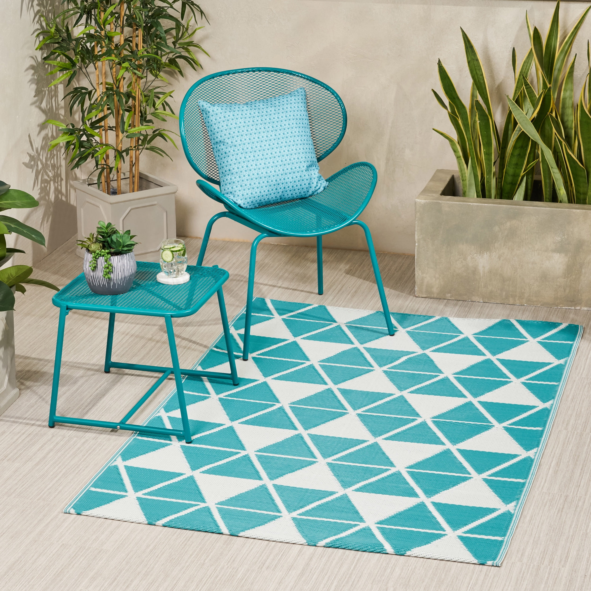 GDF Studio Dimitra Outdoor Modern Scatter Rug, Turquoise and White