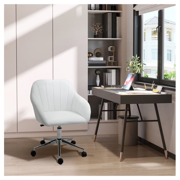 PU Leather Office Chair Mid Back Adjustable Desk Chair Swivel Computer Chair for Home Study Bedroom White