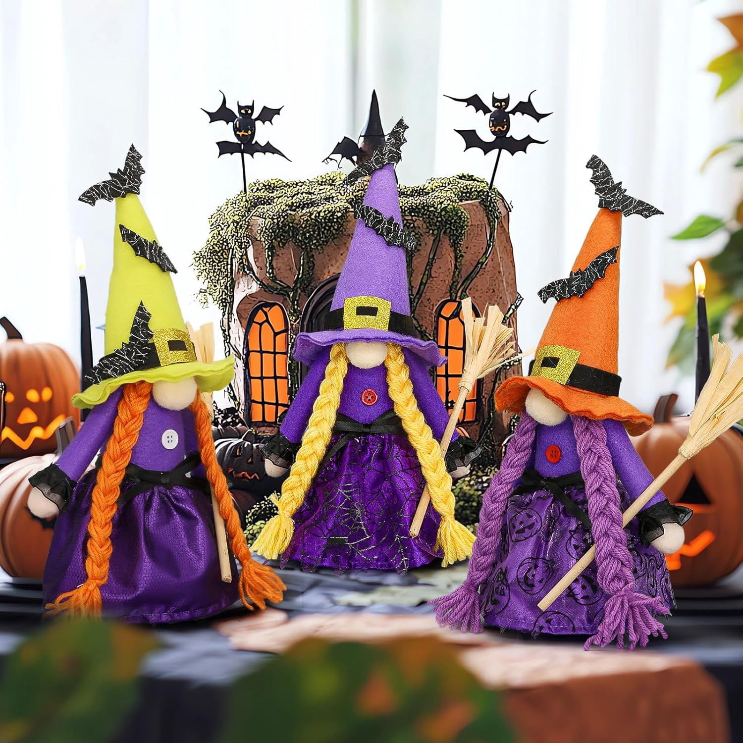 Set of 3 Hocus Pocus Witch Gnomes with Brooms for Rustic Halloween Decor