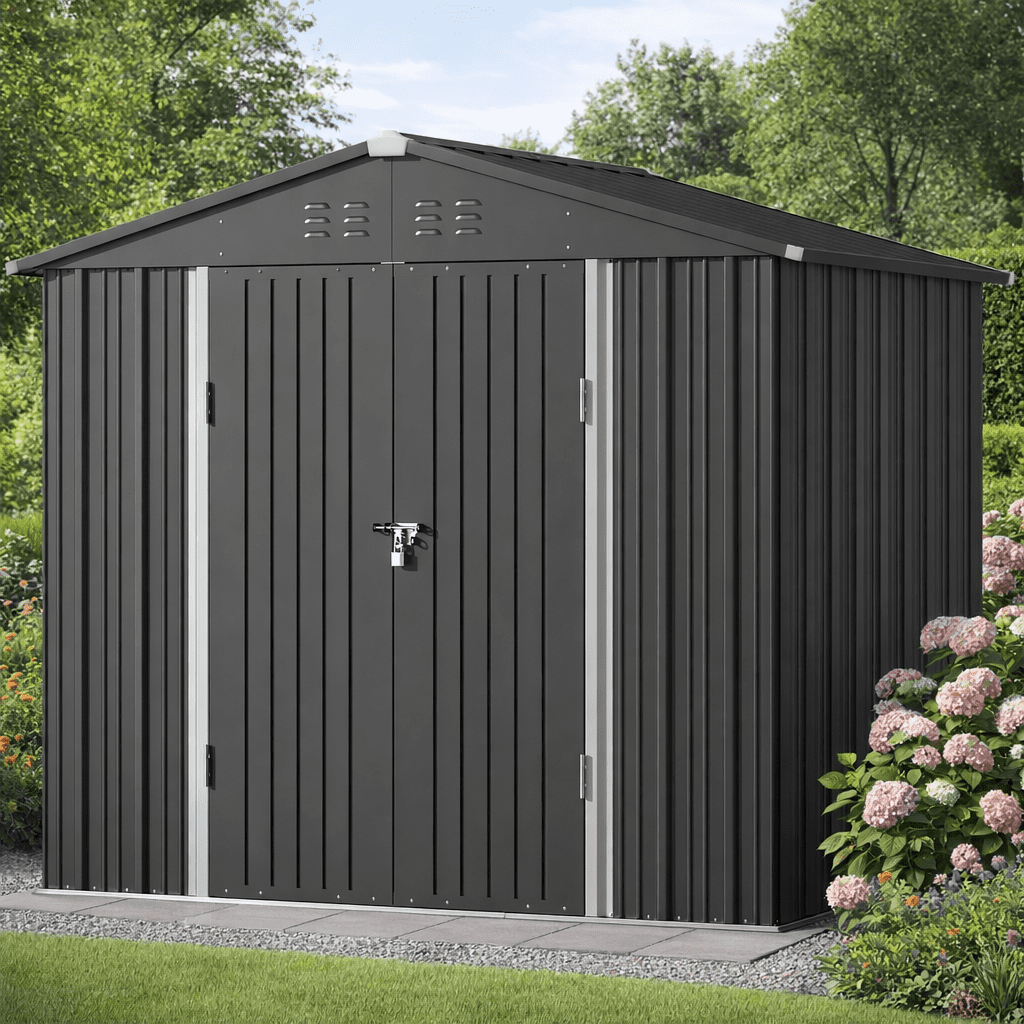 8x6 Outdoor Storage Clearance Shed, Galvanized Metal Garden Shed with Double Lockable Doors for Backyard Patio Lawn, Dark Grey