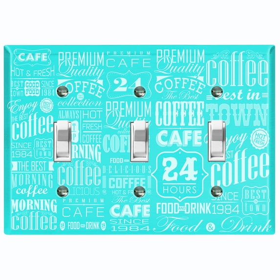 Metal Light Switch Wall Plate Outlet Cover (Coffee Shop Cafe Restaurant Sign Teal White - Triple Toggle)