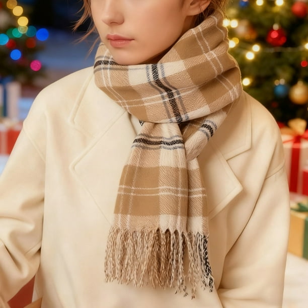 Bufanda de invierno cálida para mujer, tipo chal grande, ideal para clima frío. Bufanda larga de punto grueso a cuadros beige y negro. Suave y ligera, unisex.