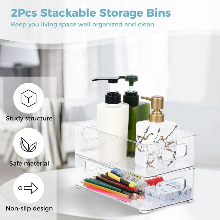2pcs Stackable Acrylic Storage Bins, Clear Organizers with Handles for Pantry, Countertop, Shelves, Cabinet, Household Food Storage Containers with