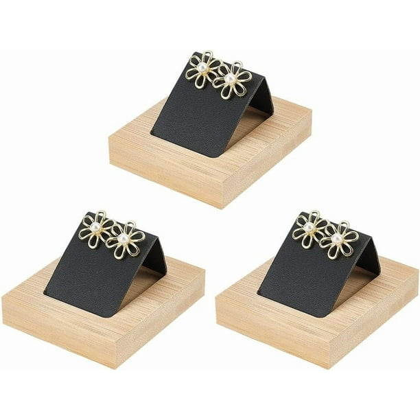 Exhibidor de aretes de madera (3 piezas): Base de madera con soporte de cuero sintético para aretes. Organizador de joyería coleccionable. Soporte para un solo par de aretes.