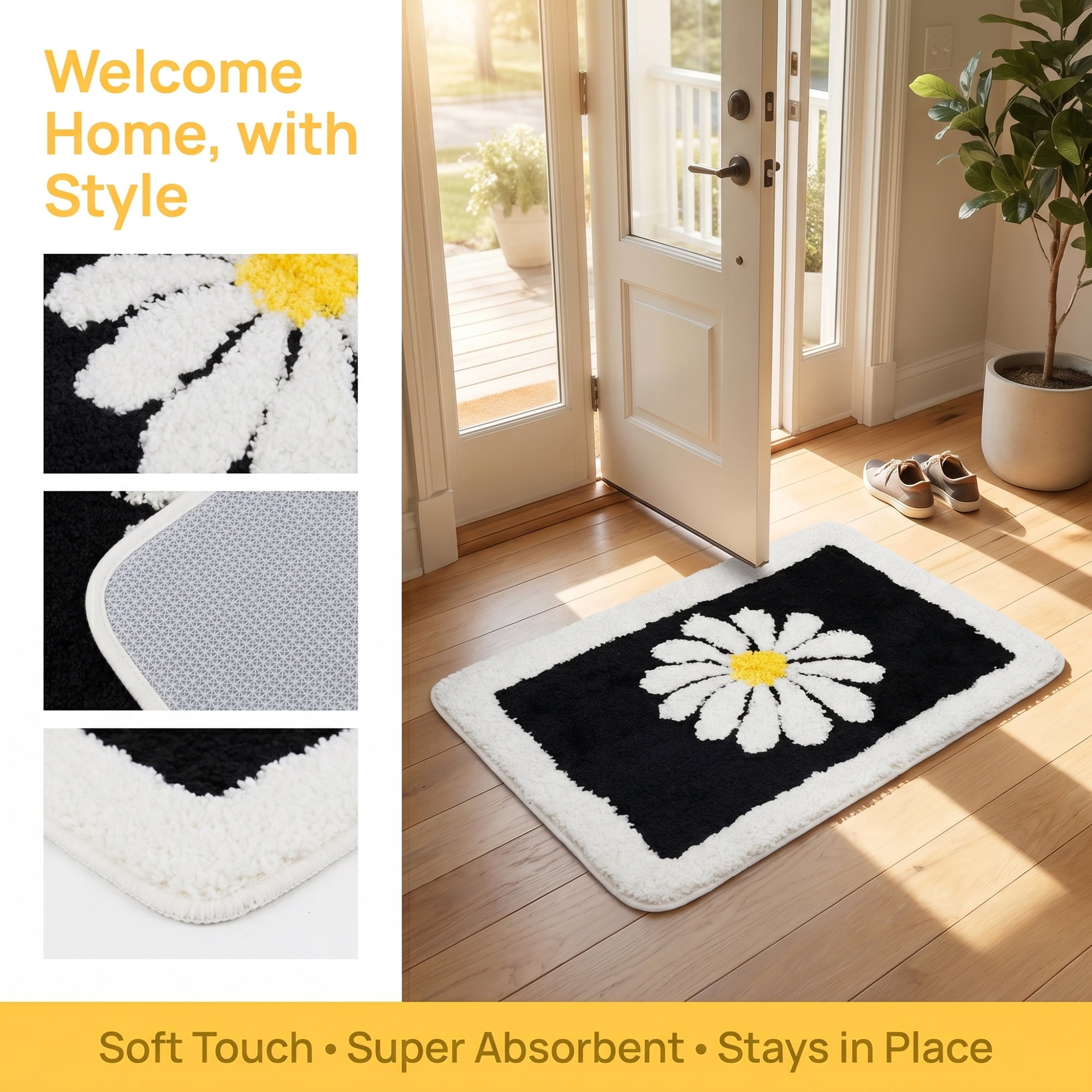 Unique Bargains Aesthetic Non Slip Ultra Soft Absorbent Shaggy Bath Mat Black 24" x 16"