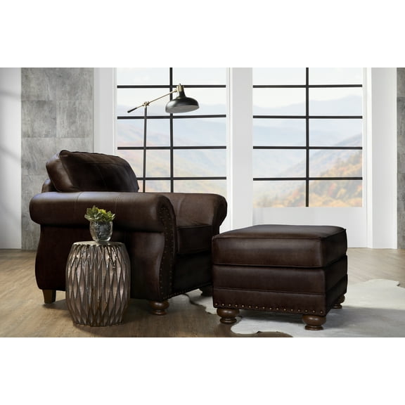 Roundhill Furniture Leinster Nailhead Lounge Chair and Ottoman, Faux Leather Fabric, Espresso