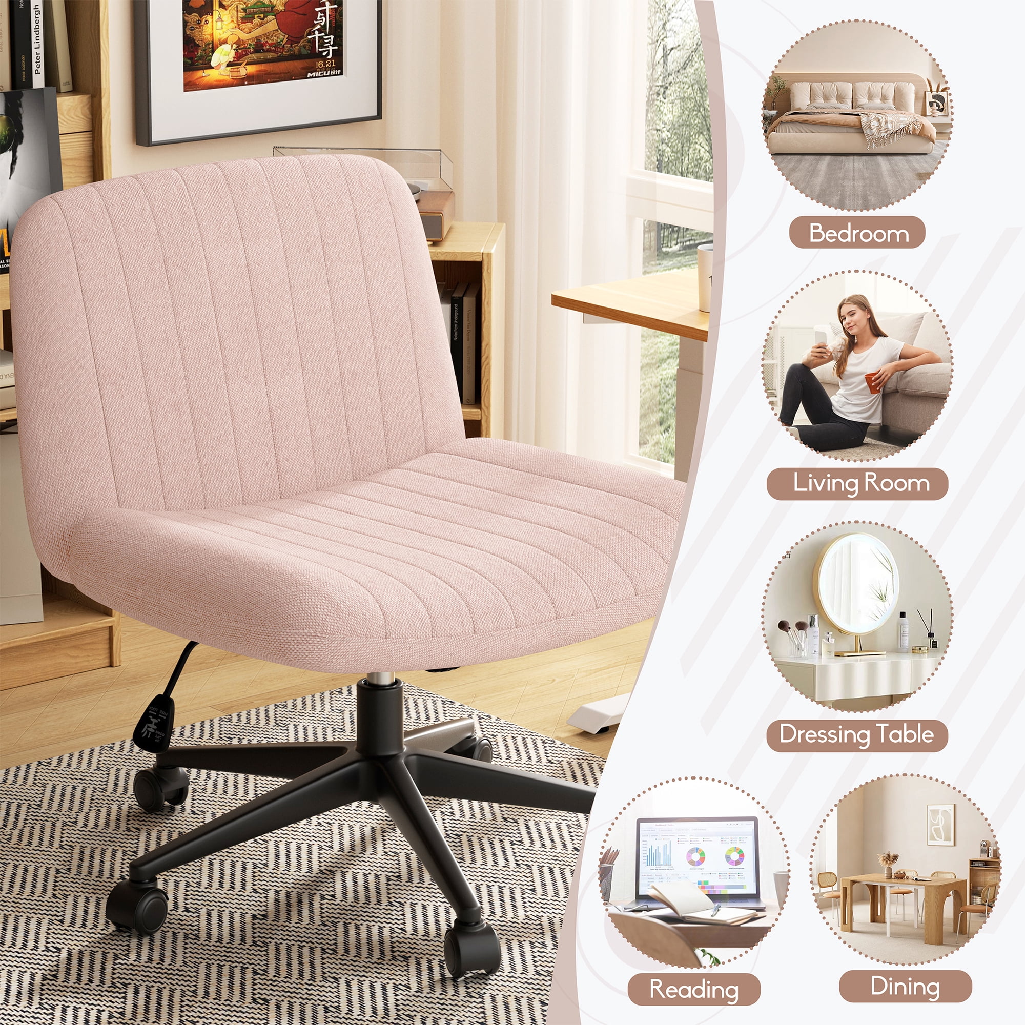 Walsunny Armless Criss Cross Home Office Chair, Fabric Vanity Desk Chair with Wheels, Wide Seat Swivel Task Computer Chair, Pink