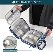 PAVILIA Hanging Toiletry Bag Travel Bag Women Men, Foldable Cosmetic Organizer, Roll up Makeup Bag, Water Resistant Accessories Toiletries, Large Travel Essentials Kit (Navy Polka Dot)