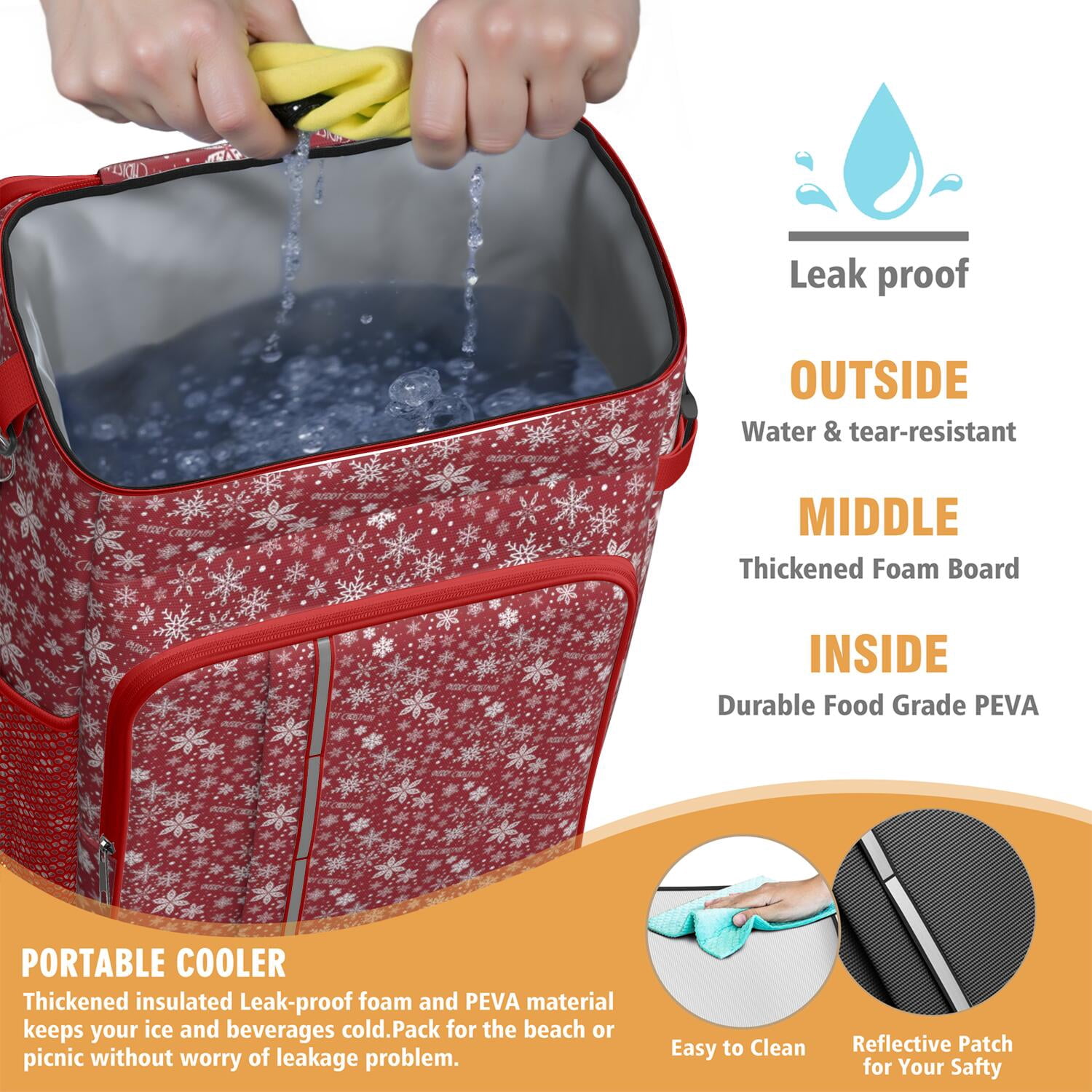 Travel Cooler Bag - Red Christmas Snowflake Pattern Camping Beer Cooler Backpack with Bottle Opener- Waterproof Insulated Picnic Backpacks - Cooler Bag for Beach