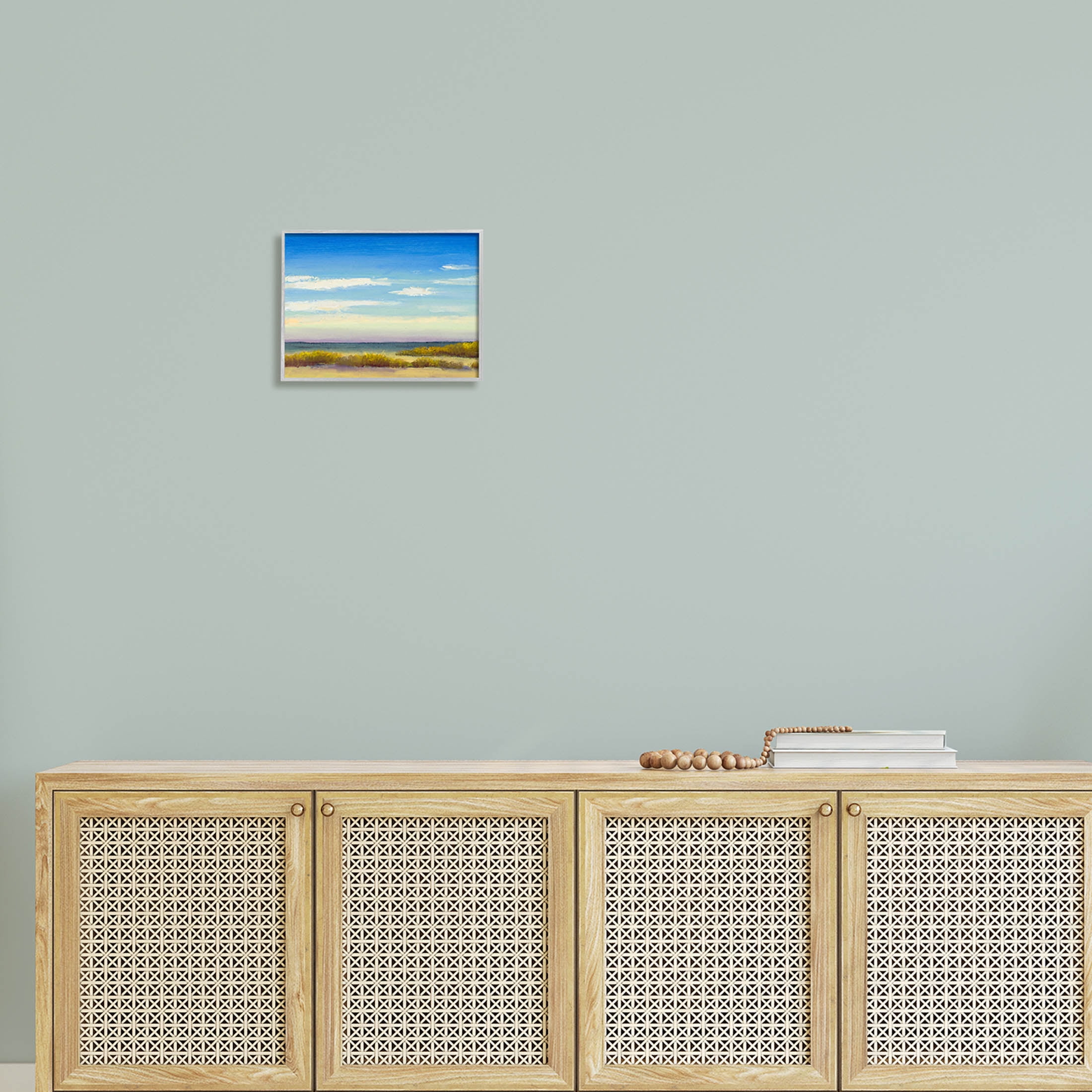 Coastal Beach Vivid Blue Sky Coastal Painting Gray Framed Art Print Wall Art