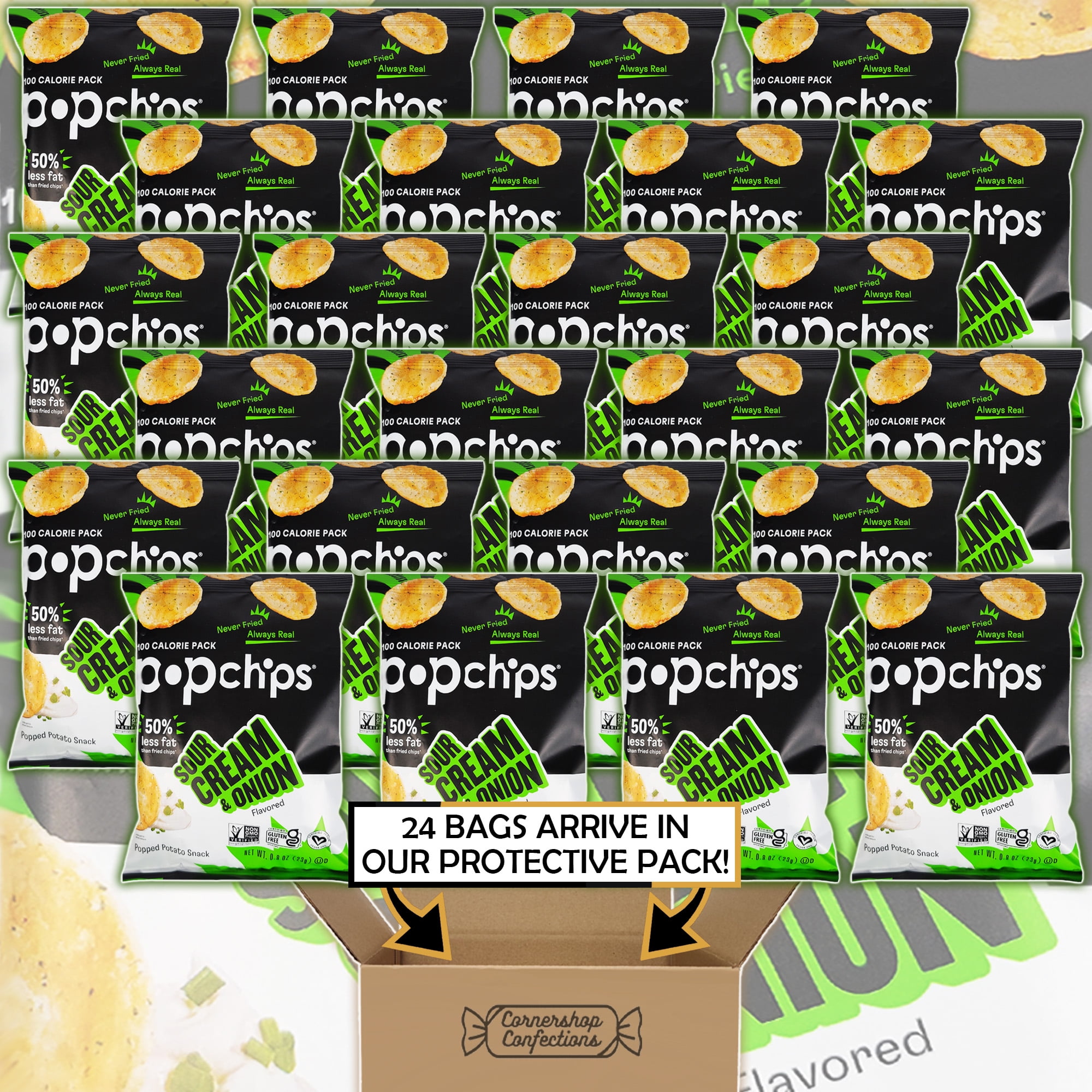 Popchips Sour Cream & Onion Bulk Pack - 24 Individually Sealed 0.8 Ounce Bags - Popped Potato Snack - Never Fried, Always Real - For Lunches, Quick Snacks, Movies in Cornershop Confections Pack