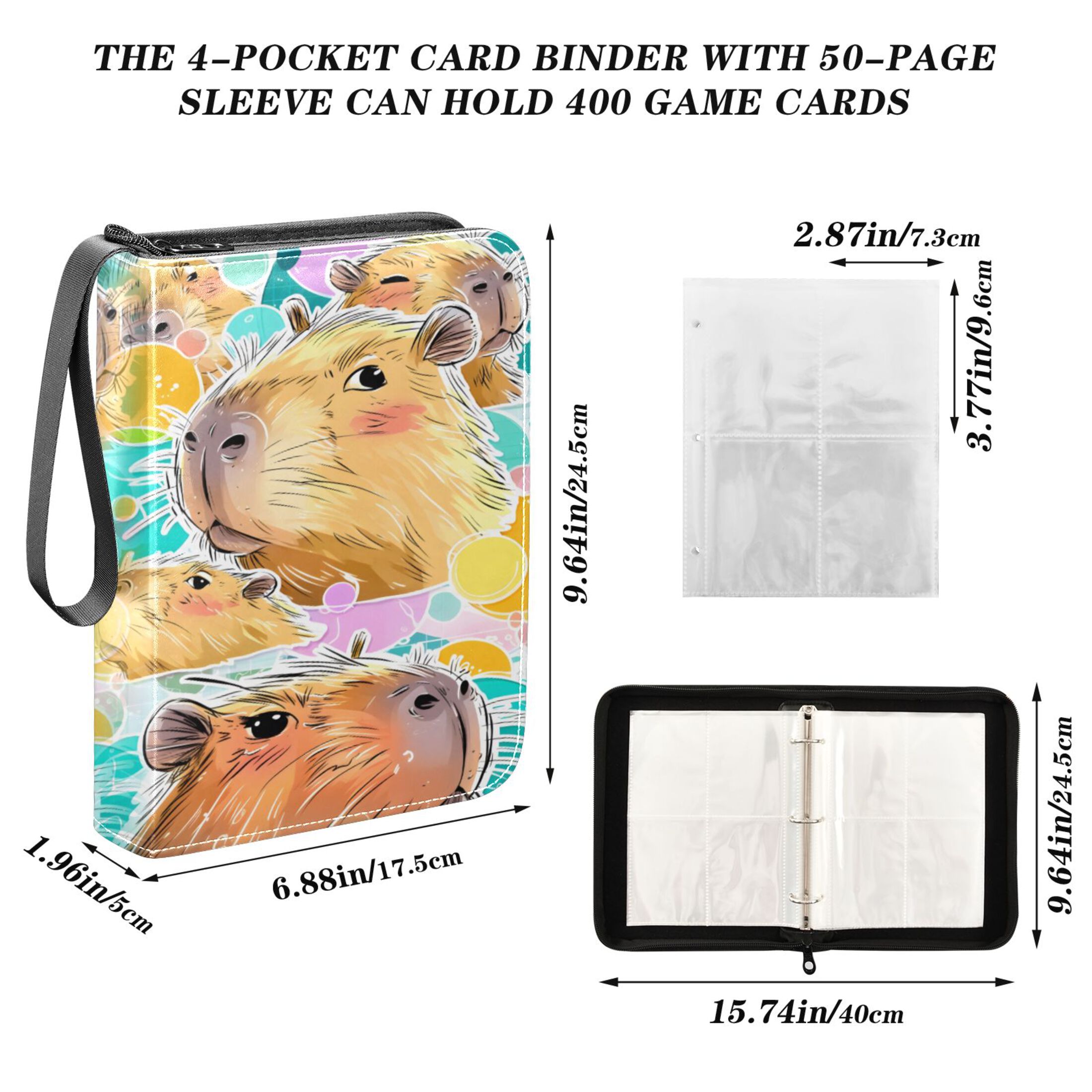 Trading Card Binder Album 400 Pockets 50 Removable 4-Pocket Pages Waterproof Adorable Capybara Poster