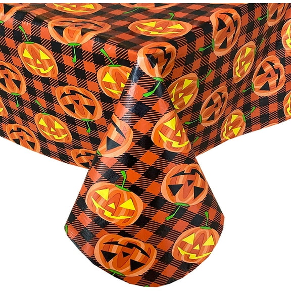 Newbridge Halloween Jack O Lantern Gingham 52 x 52 inch Square Vinyl Flannel Backed Tablecloth