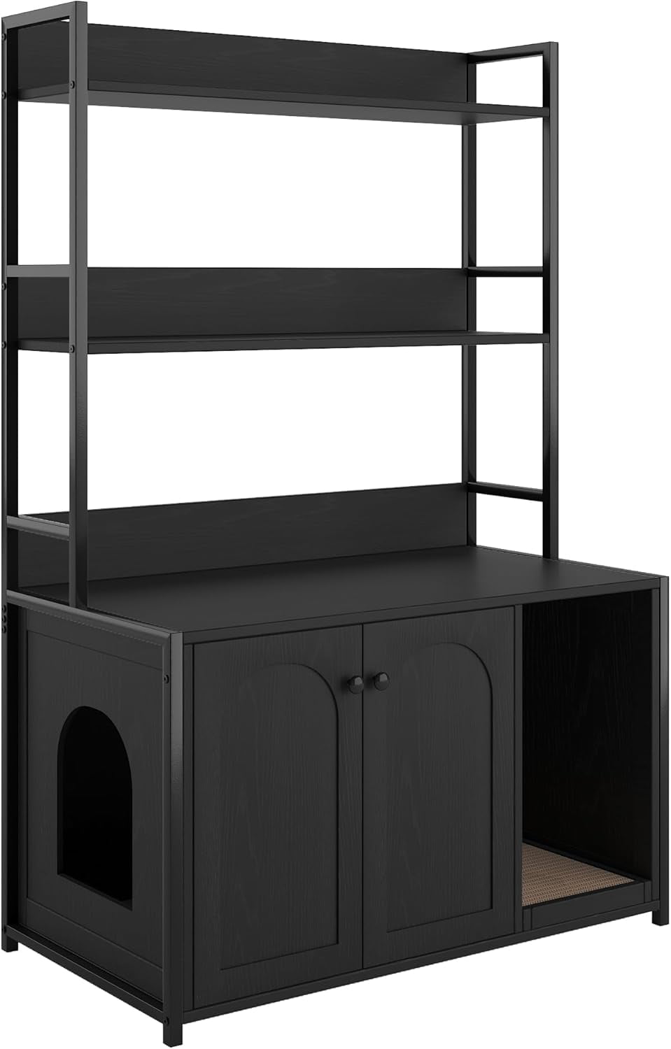 NEILA Litter Box Enclosure with 2 Storage Shelves White Hidden Cat Litter Box Furniture with Scratch Pad, Indoor Cat House Kitty Box Washroom Cat Bookshelf Cabinet, Black