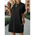 thumbnail image 5 of MORTTIC Women's Short Sleeve Crew Neck Textured Mini T-Shirt Dress with Pockets, Casual Solid Color Elegant Workwear Dress, S, 5 of 6