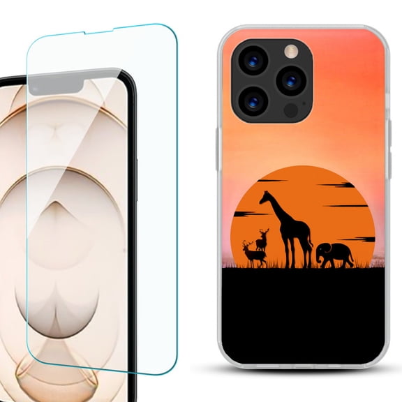 Slim-Fit Anti-Scratch Gel TPU Phone Case for iPhone 13 Pro, with Tempered Glass Screen Protector, by OneToughShield ® - Sunset Safari