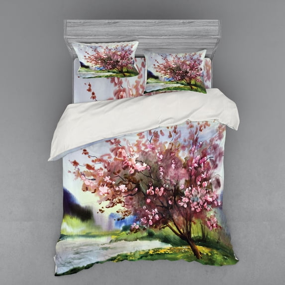Ambesonne Flower Bedding Set 4 Pcs, Spring Blooming Nature, Queen, Pink Green
