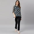 thumbnail image 3 of Janasya Indian Round Neck 3/4 Sleeve Floral Print Navy Blue Poly Georgette Top For Women, 3 of 7