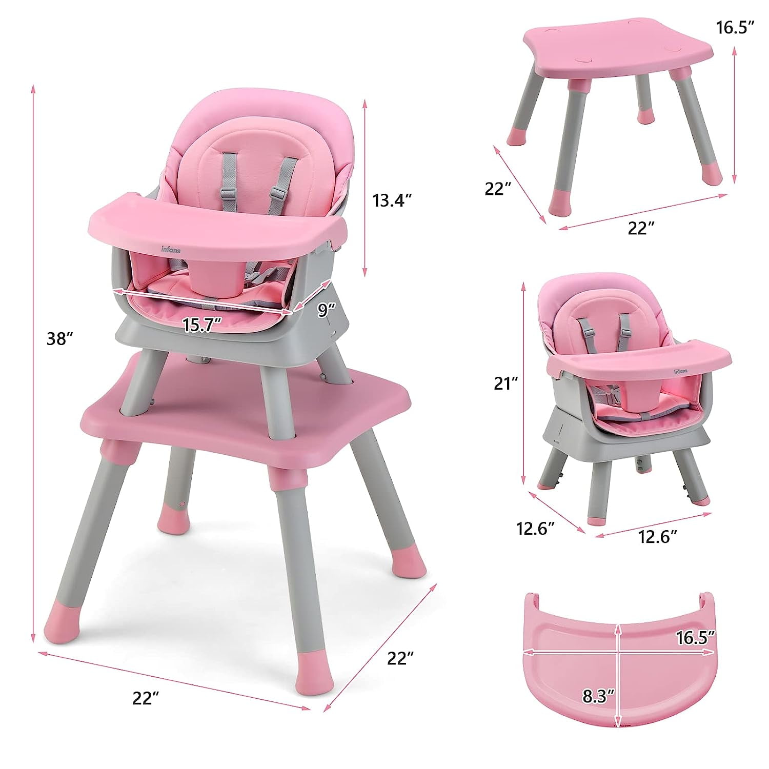 INFANS 8 in 1 Baby High Chair, Convertible Highchair for Babies and Toddlers, Infant Dining Booster Seat, Building Block Table, Kids Stool Table Chair Set with Removable Tray (Pink)