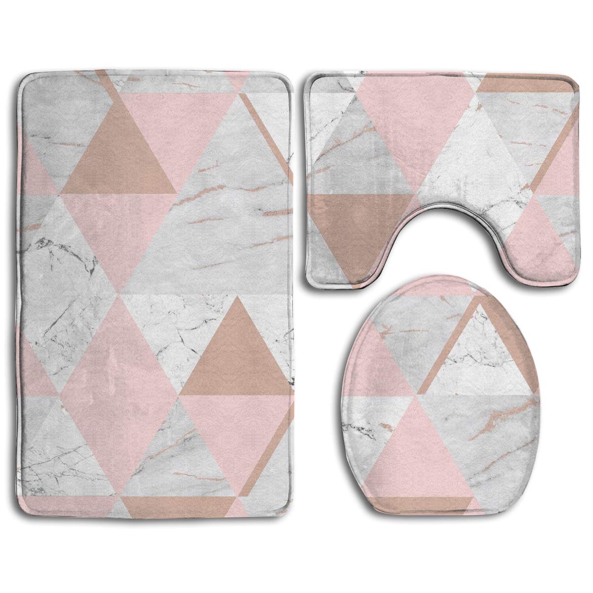 CHAPLLE Rose Gold Grey Marble 3 Piece Bathroom Rugs Set Bath Rug