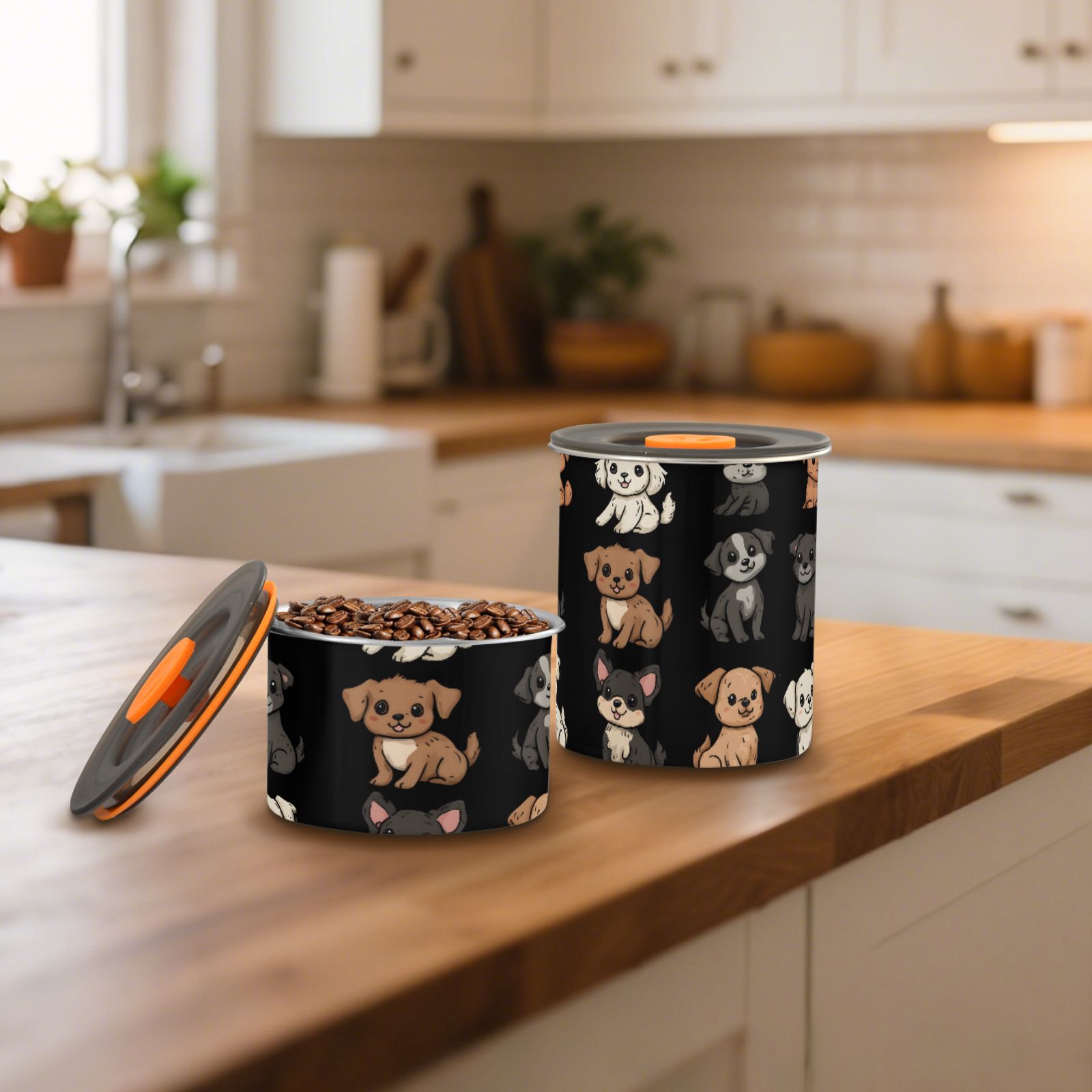 Cute Puppy Dogs Print Airtight Coffee Bean Canister 30oz Food Storage Containers with Lids For Gournd, Tea, Sugar, Flour, Rice, Cereal, Candy Cookie Jar