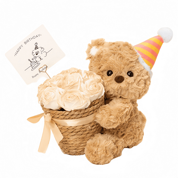Cute Teddy Bear Plush Toy - Hug Bouquet with Birthday Hat Bear Stuffed Animal Doll Plush Toy Gift for Kid Adult Valentine's Day Party Decor-15.7in