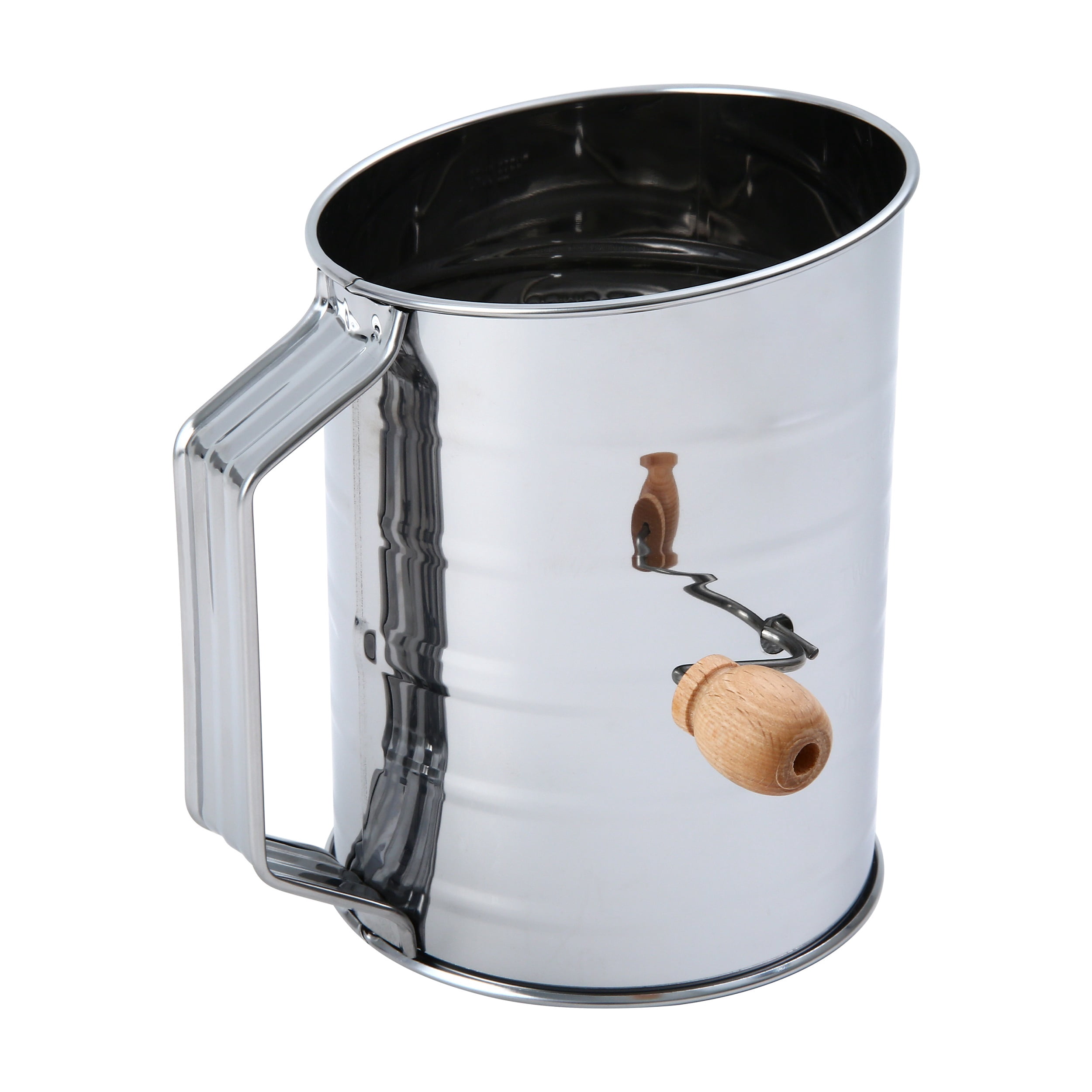 Mainstays 3 Cup Hand Crank Flour Sifter, Stainless Steel with Beechwood Handle, Silver