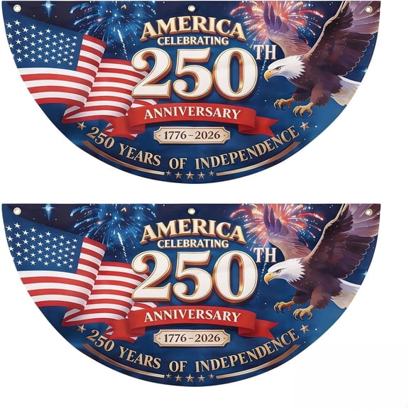 2PCS 250th Anniversary USA Bunting Flag, Patriotic Eagle Motif American Fan Flag Decorations, 1776-2026 250 Years of Independence Banner Decors for Wall Front Door Porch Fence Outdoor, 1.5x3 FT