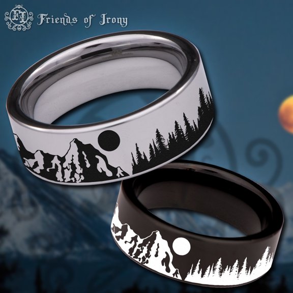 Trees and Mountain Scenery Tungsten Carbide Ring