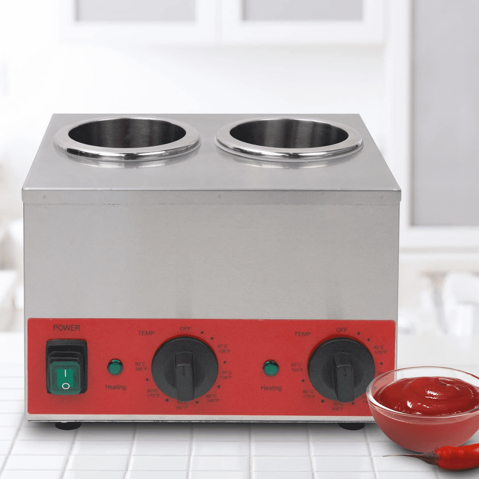 Hakka Double Bottle Sauce and Cheese Warmer, 2 Well Stainless Steel, 400W, Adjustable Temperature 105-195F, 110V