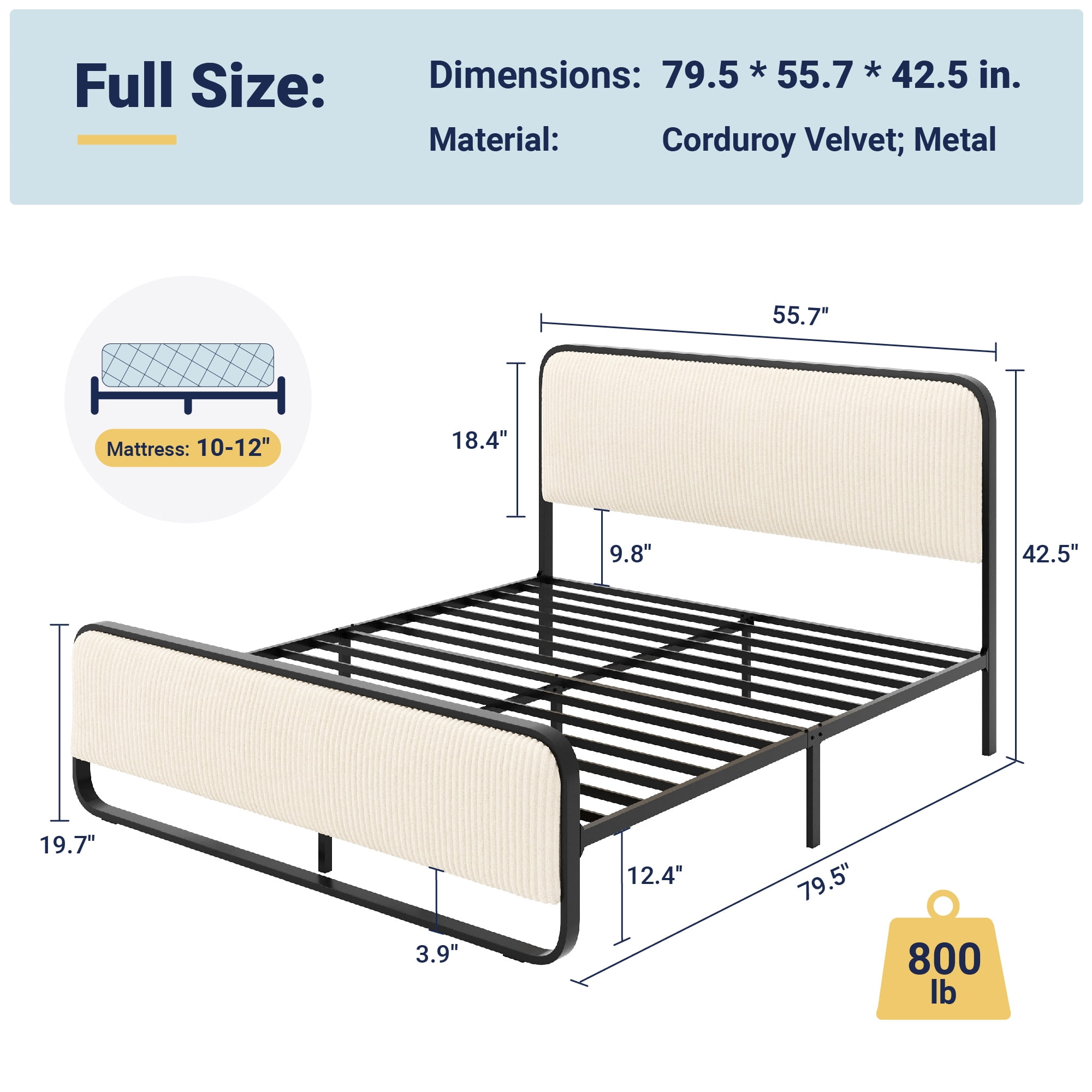 Allewie Full Bed Frame, Upholstered Platform Bed with Velvet Curved Headboard and Footboard, No Box Spring Needed, Cream White