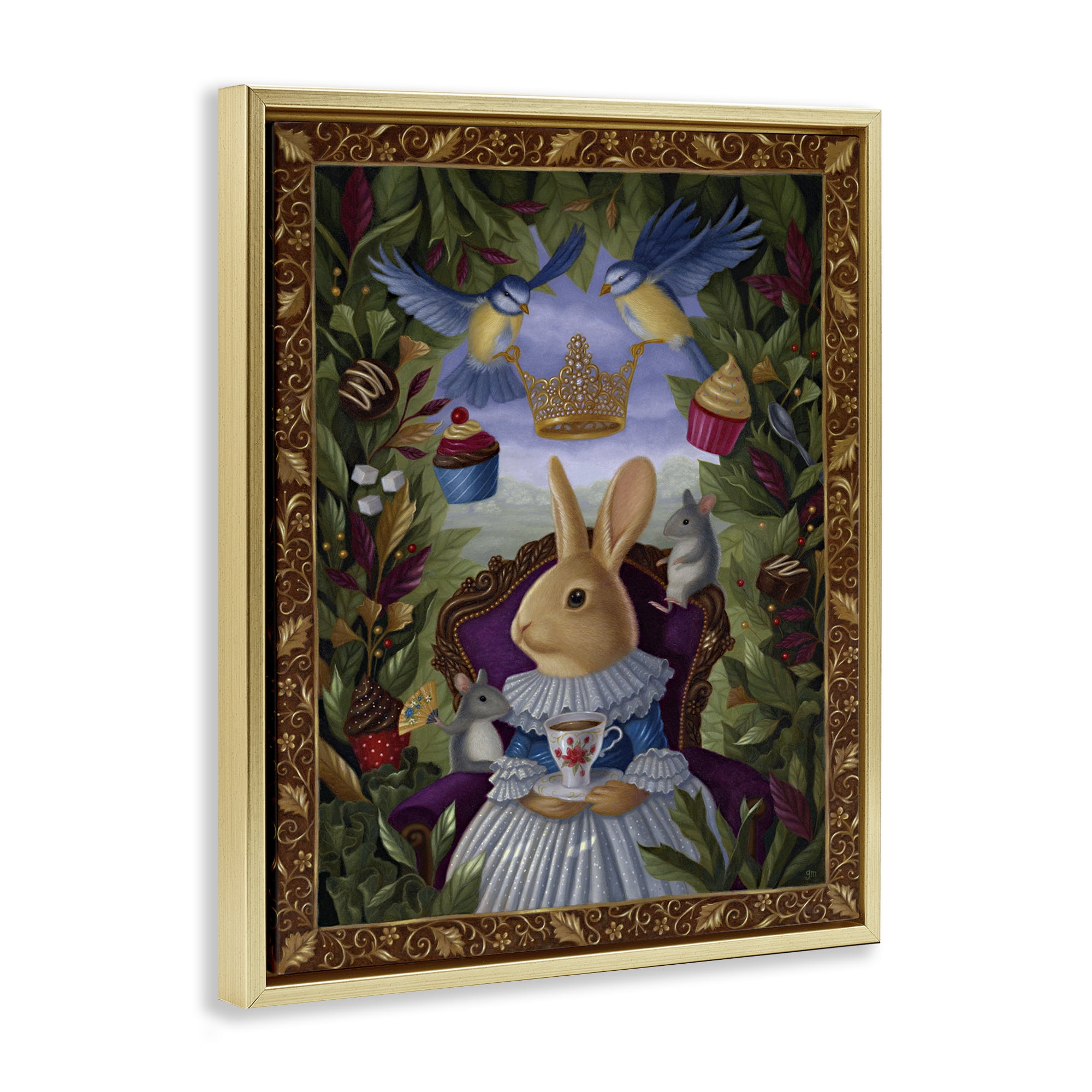 Stupell Industries Classic Rabbit Tea Party Landscape & Nature Painting Gold Floater Framed Canvas Art Print Wall Art, 17 x 21