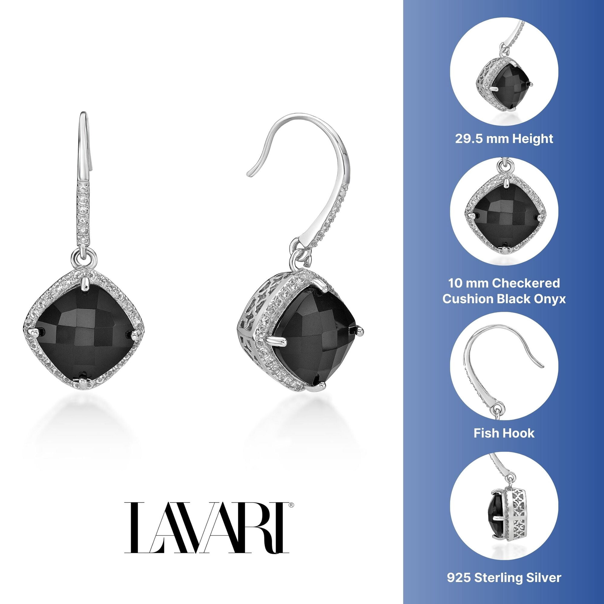 925 Sterling Silver Fish Hook Earrings With 10MM Cushion Black Onyx Fine Jewelry