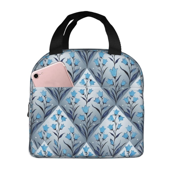 Floral Insulated Lunch Box For Women Blue Floral Lunch Bag, Cooler Tote Reusable Thermal Meal Prep Bag For Work Office Travel, Botanical Flower Pattern